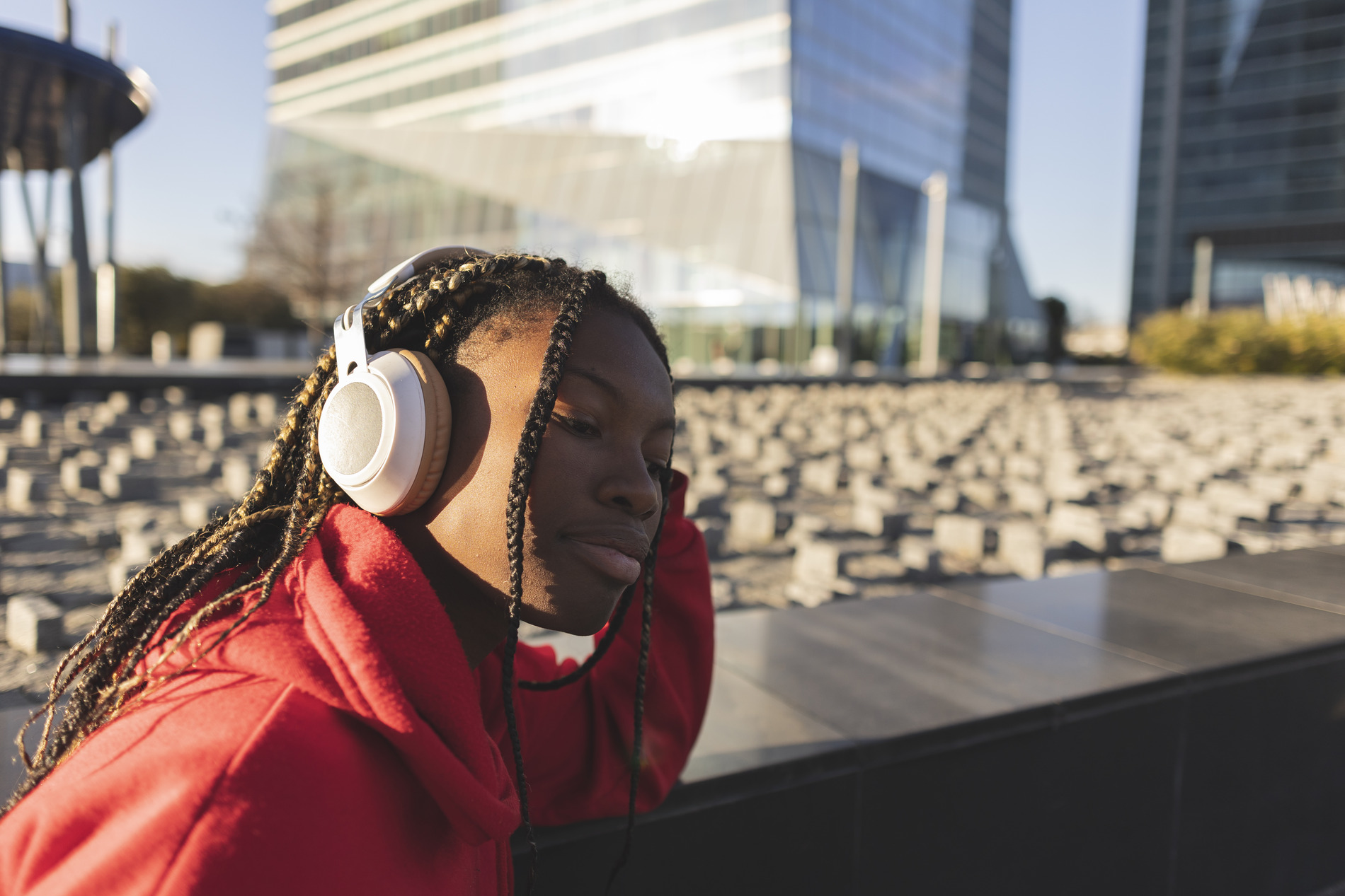 a woman with headphones on