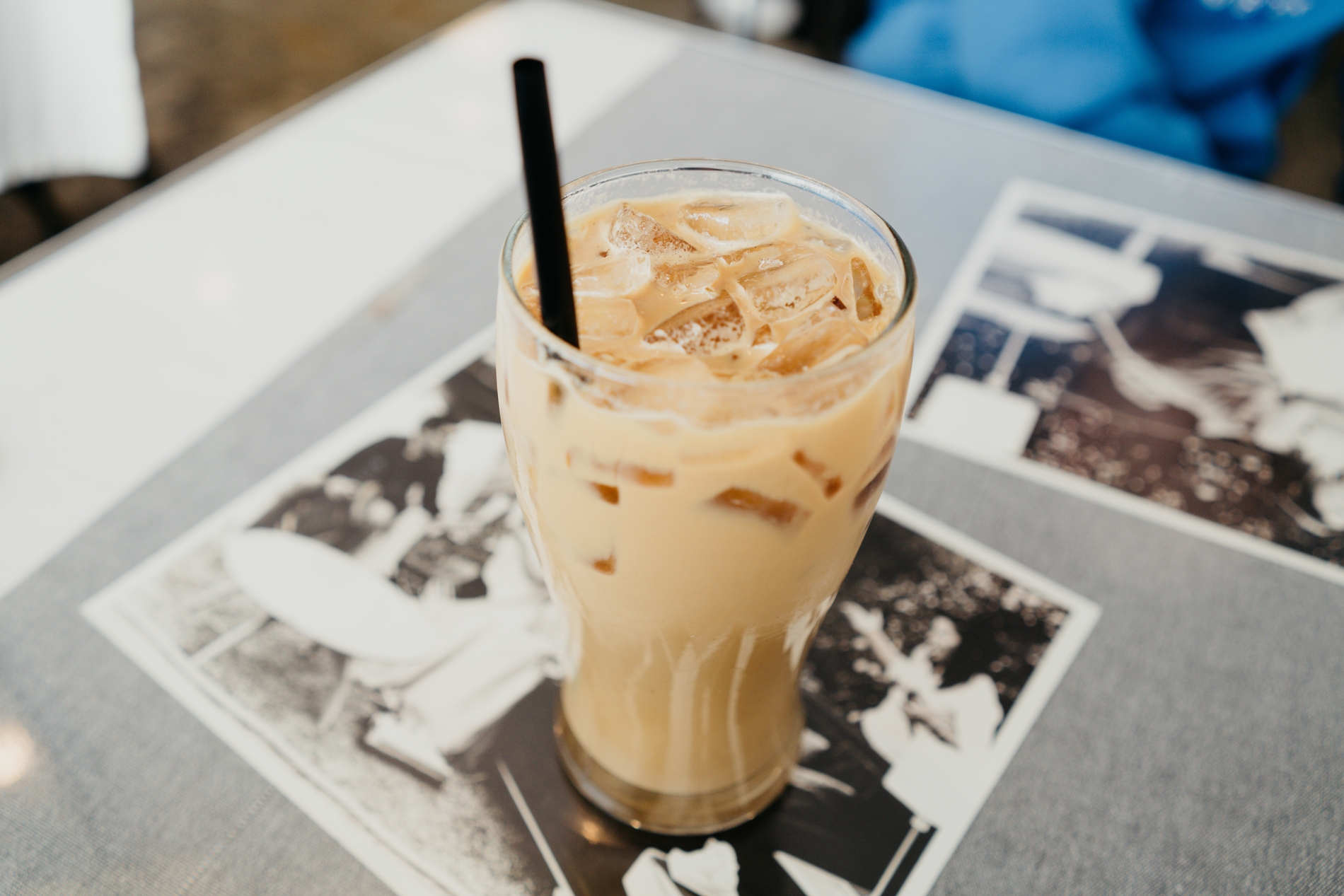 Iced coffee on diner table