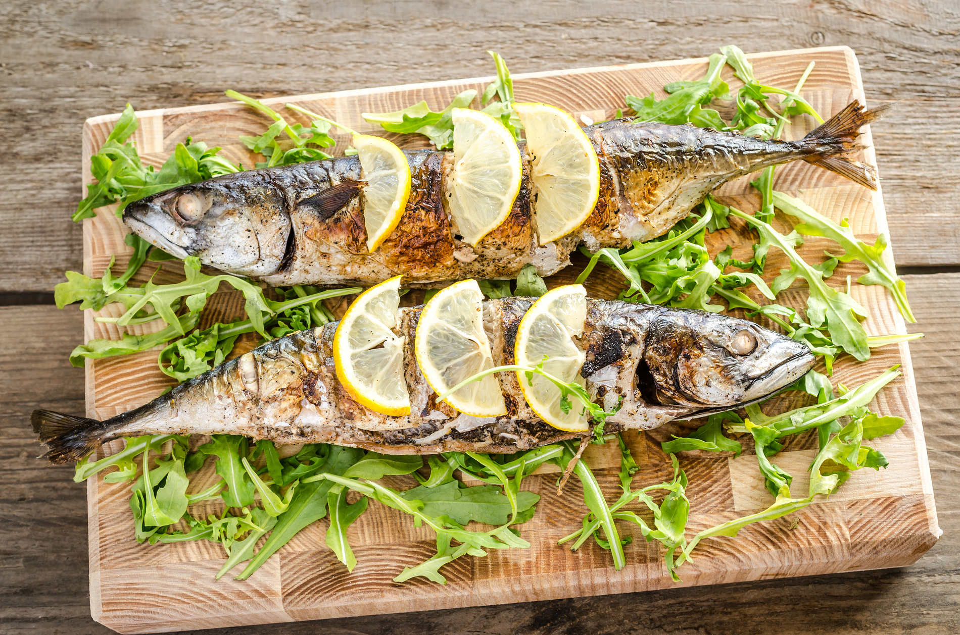 Grilled mackerel with rice and arugula