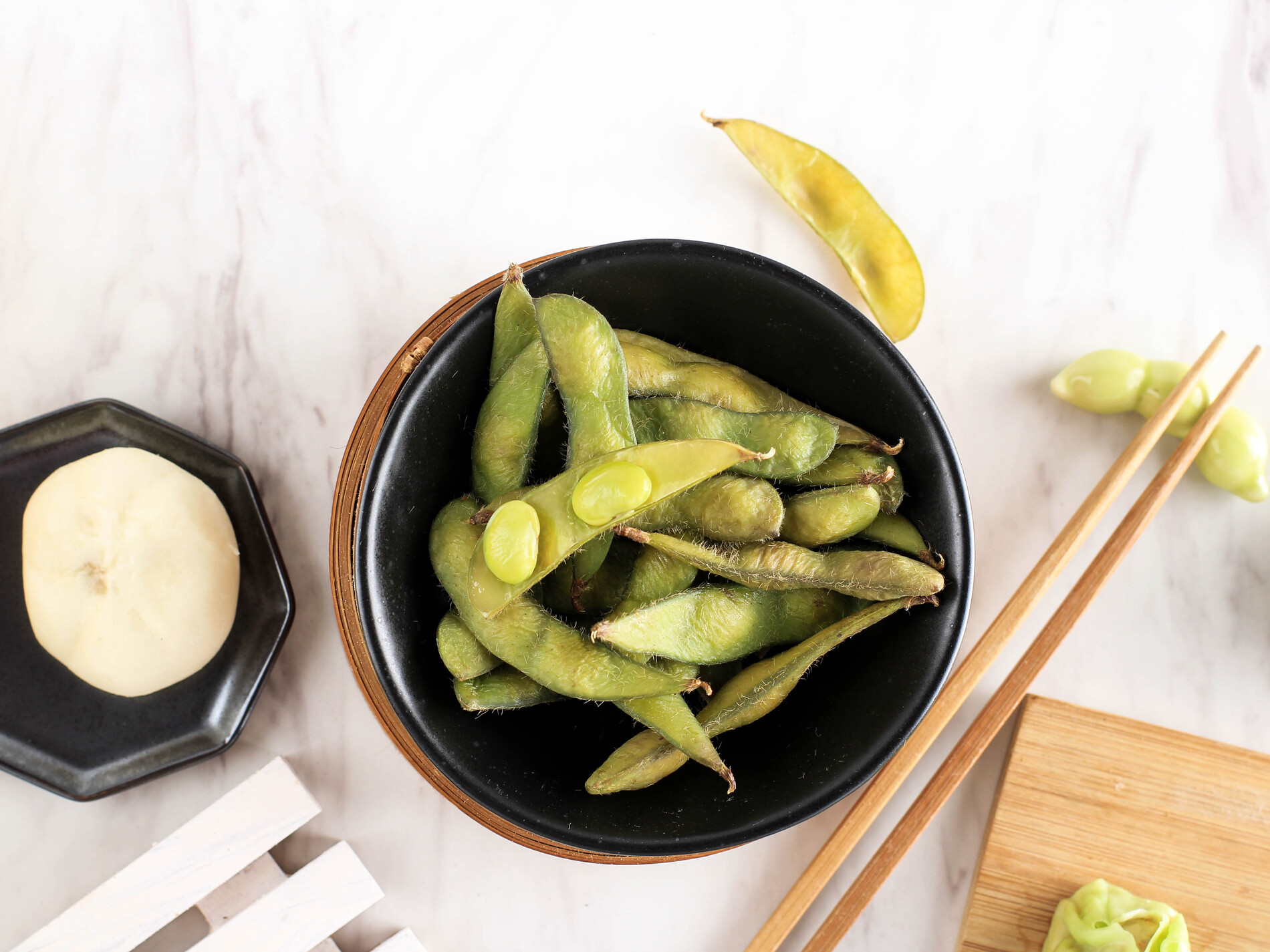 Steamed edamame in bowl